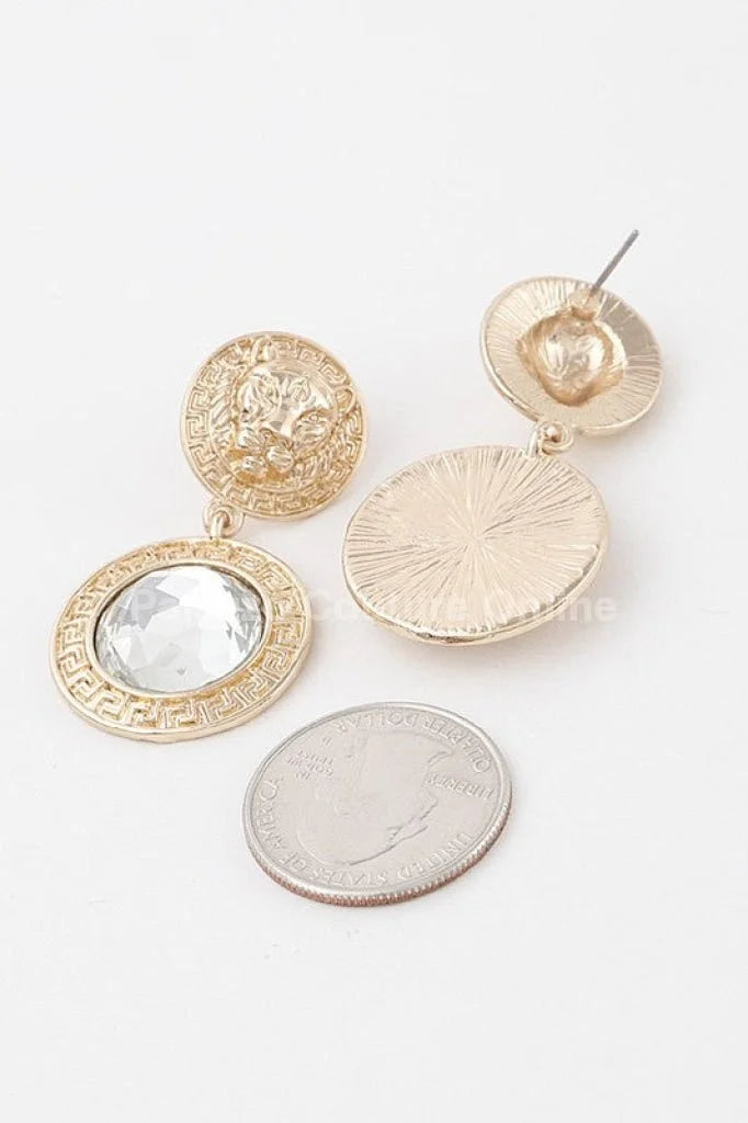 Greek Lion earrings Emblem Drop Earrings with Crystal Detail