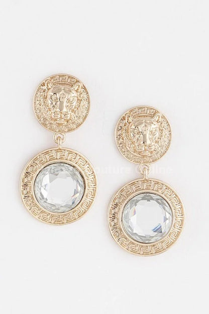 Greek Lion earrings Emblem Drop Earrings with Crystal Detail