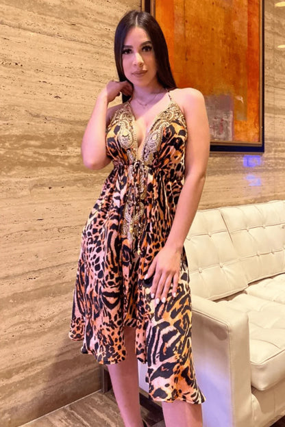 Halter Neck Bugle Bead Premium Resort Mini  Dress
