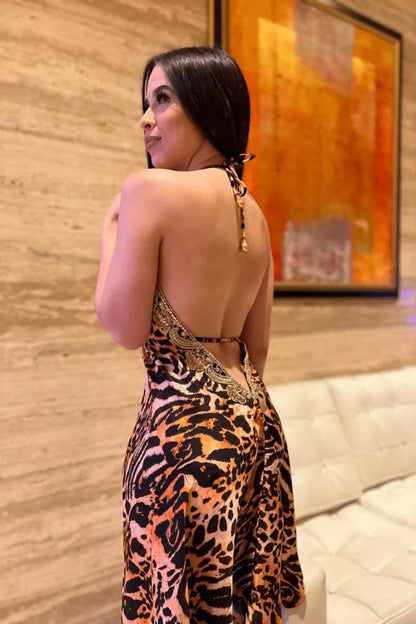 Halter Neck Bugle Bead Premium Resort Mini  Dress