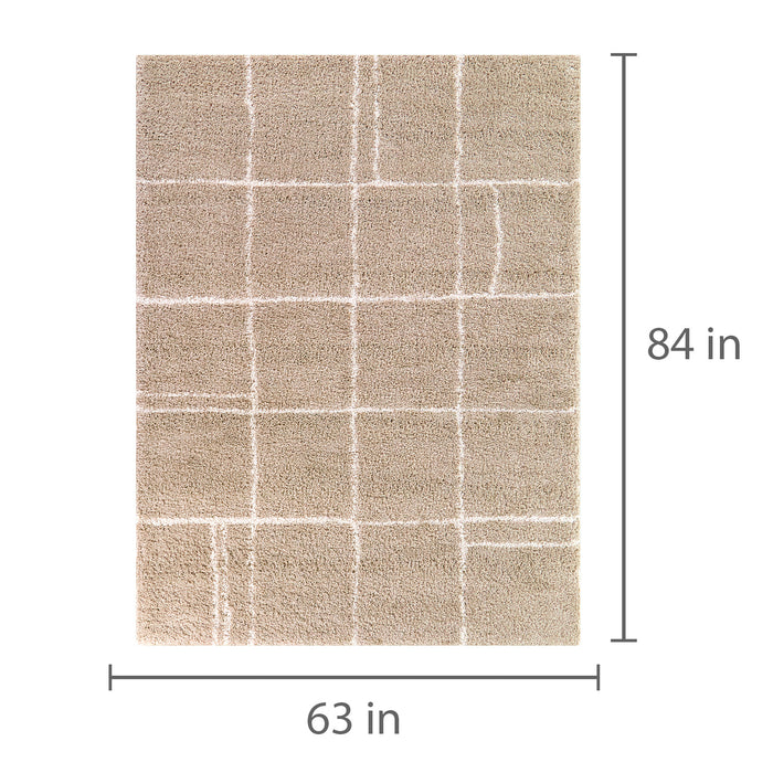 Detail image of Hardin Beige 5x8 Abstract Area Rug with overlay of product dimensions