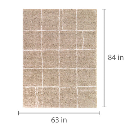 Detail image of Hardin Beige 5x8 Abstract Area Rug with overlay of product dimensions