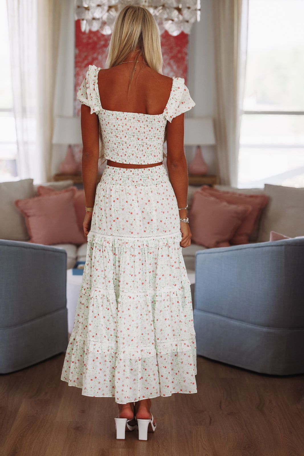 Adeline Crop Top and Maxi Skirt Set by Amy Jane London - White, Green and Red
