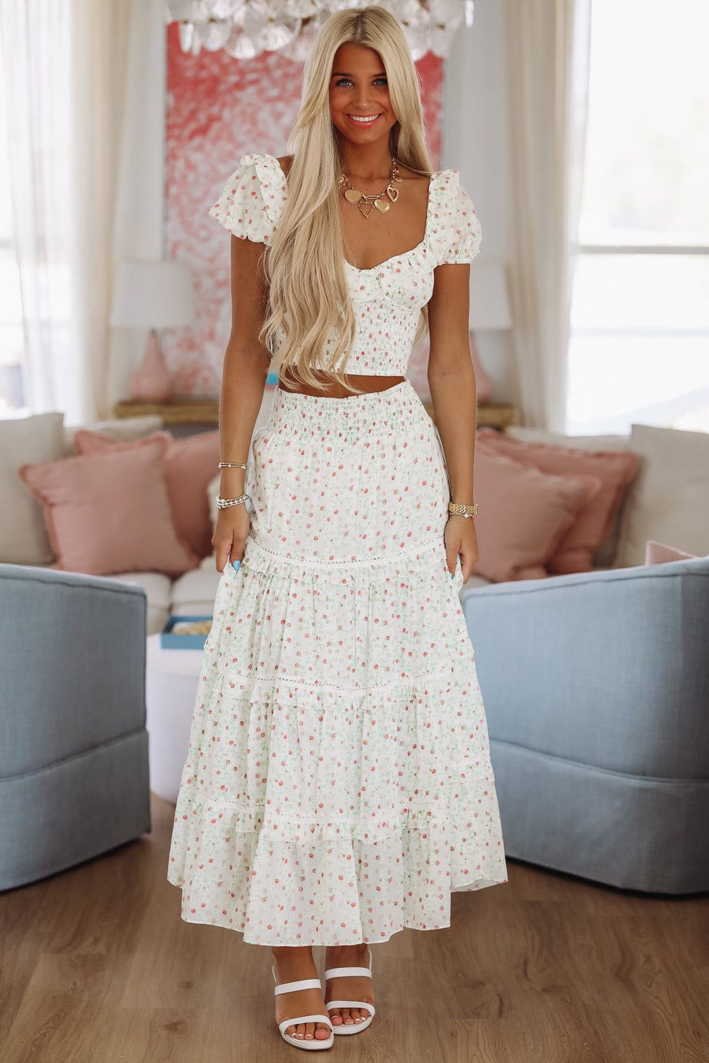 Adeline Crop Top and Maxi Skirt Set by Amy Jane London - White, Green and Red