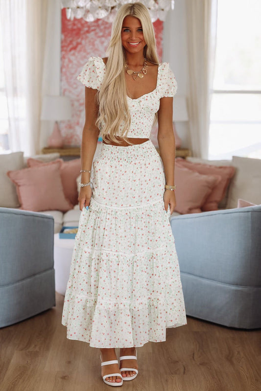 Adeline Crop Top and Maxi Skirt Set by Amy Jane London - White, Green and Red