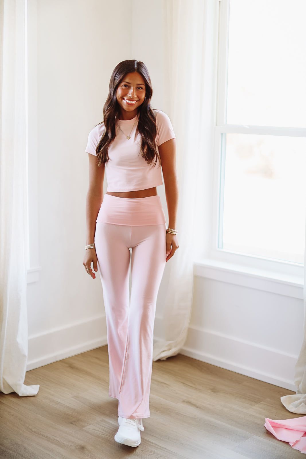 Barre Class Foldover Flare Yoga Pants - Light Pink