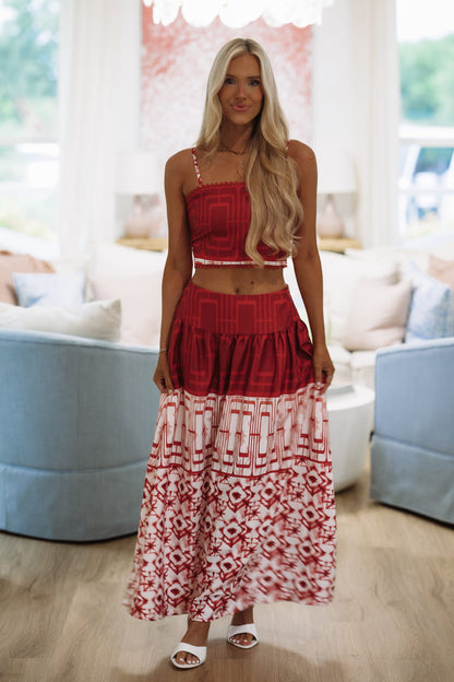 Atlas Print Top and Midi Skirt Set - Maroon, Red and Off White