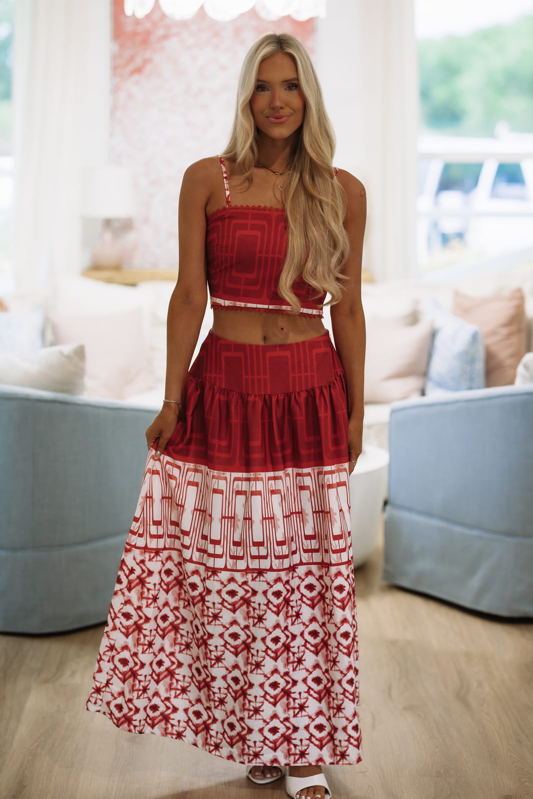 Atlas Print Top and Midi Skirt Set - Maroon, Red and Off White
