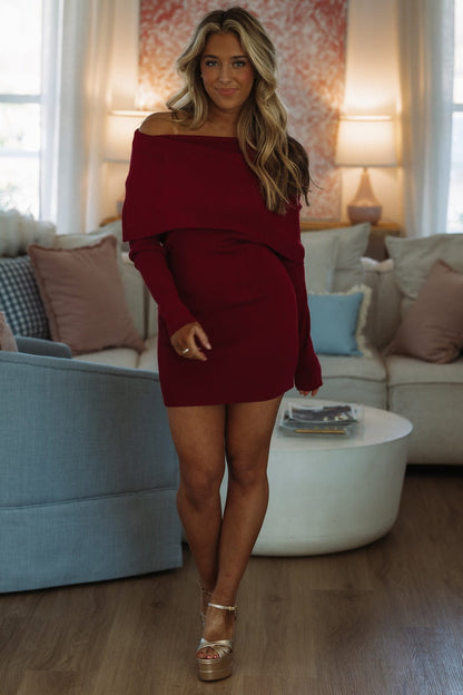 Warm Your Heart Sweater Dress - Burgundy