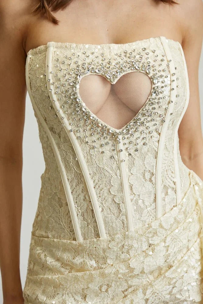 Heart of Lace Mini Dress  - Champagne