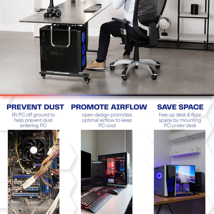 Prevent dust, promote airflow, and save space with this adjustable PC Mount.