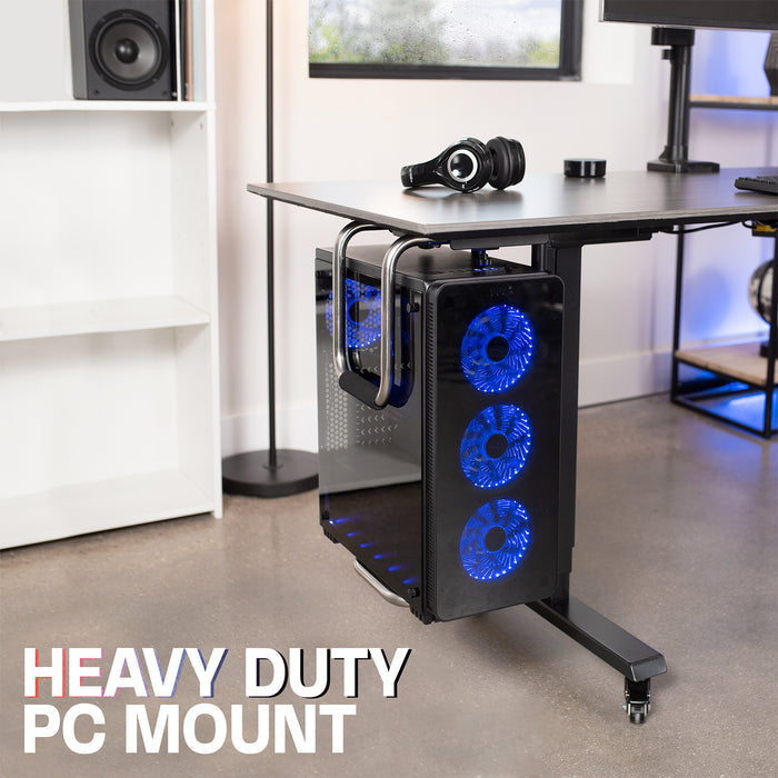 Heavy duty PC mount that securely supports large PCs off of the ground.