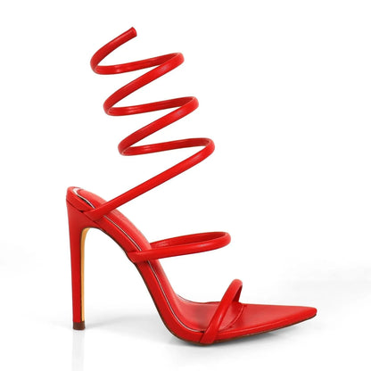 Helix Laurent Intense Red Stiletto Heels with Spiral Wrap Design