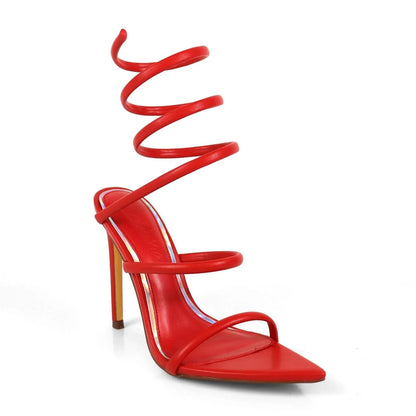 Helix Laurent Intense Red Stiletto Heels with Spiral Wrap Design