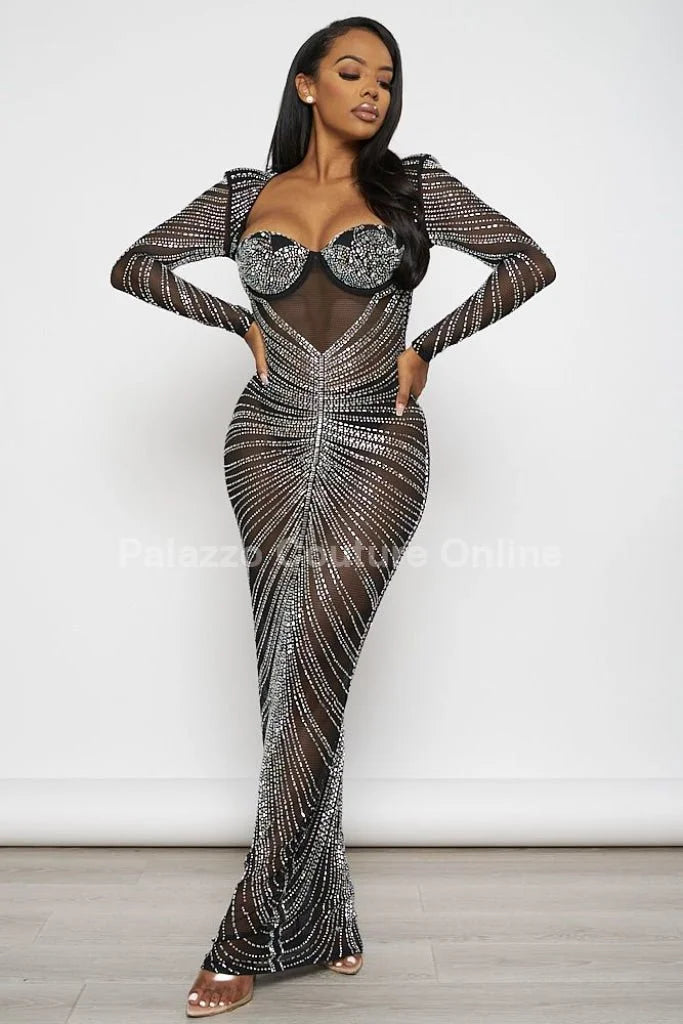 Her Special Black Evening Gown with Rhinestone Embellishment