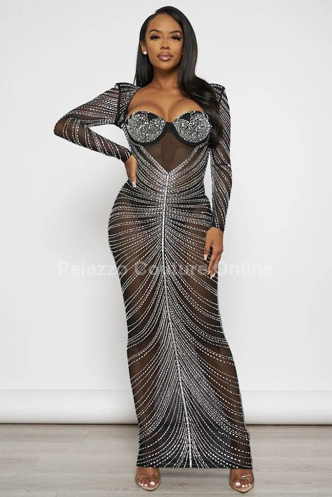 Her Special Black Evening Gown with Rhinestone Embellishment