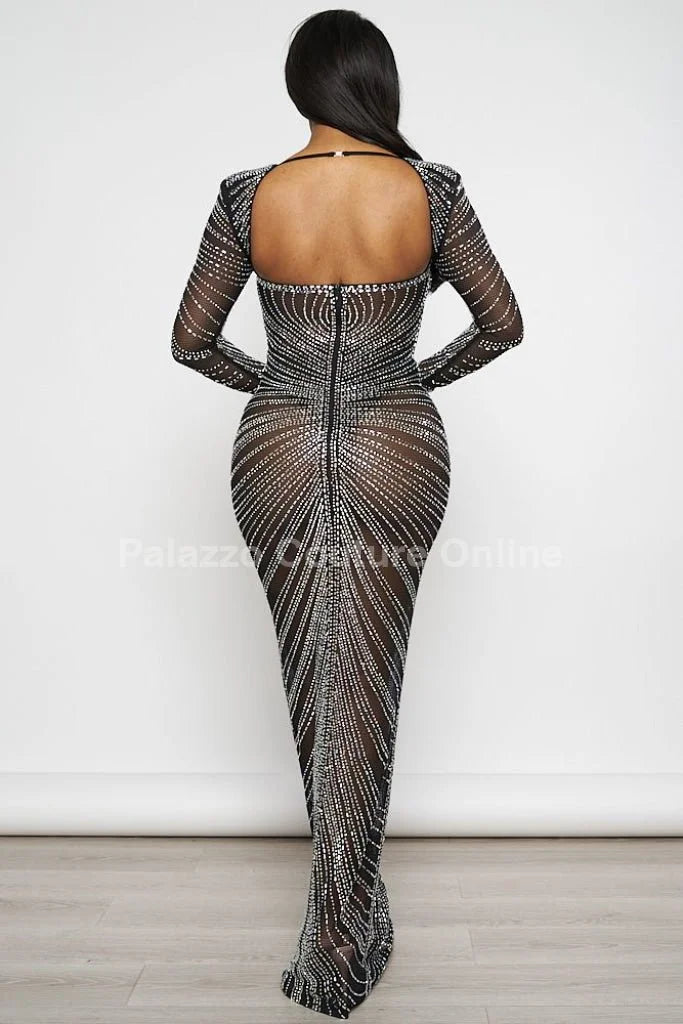 Her Special Black Evening Gown with Rhinestone Embellishment