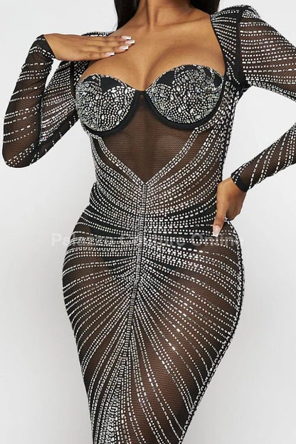 Her Special Black Evening Gown with Rhinestone Embellishment