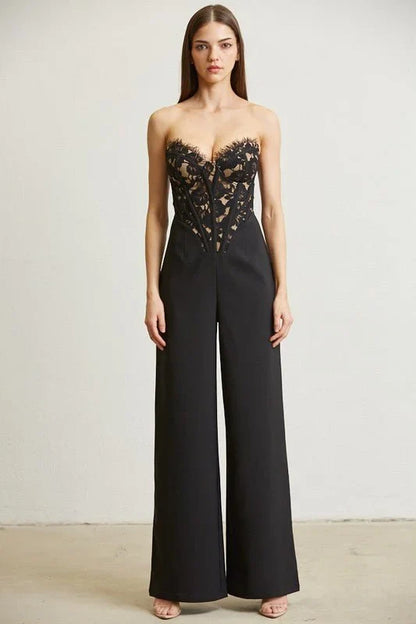 High Class Lace Trim Blazer 2 pcs Jumpsuit Set (Black)