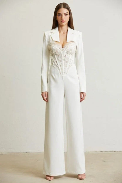 High Class Lace Trim Blazer 2 pcs Jumpsuit Set (white)