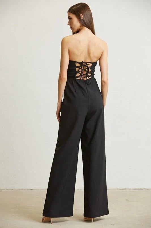 High Class Lace Trim Blazer 2 pcs Jumpsuit Set (Black)