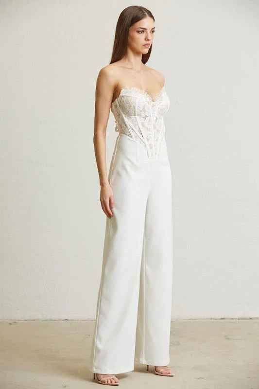High Class Lace Trim Blazer 2 pcs Jumpsuit Set (white)