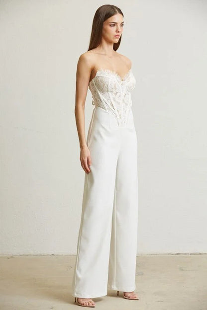 High Class Lace Trim Blazer 2 pcs Jumpsuit Set (white)