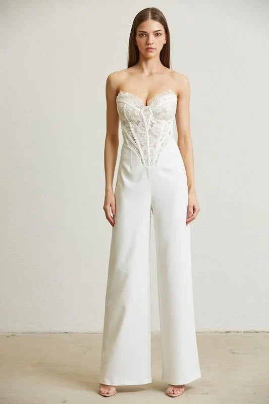High Class Lace Trim Blazer 2 pcs Jumpsuit Set (white)