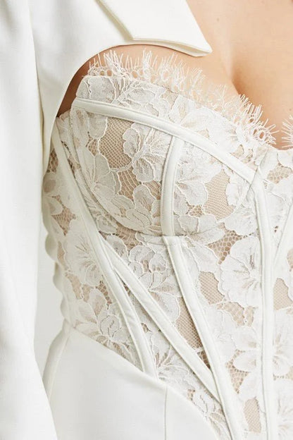 High Class Lace Trim Blazer 2 pcs Jumpsuit Set (white)