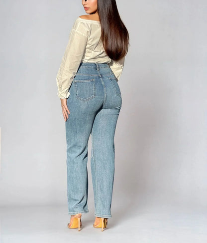 High-Rise Straight Leg Jeans with Embroidered Knee Detail