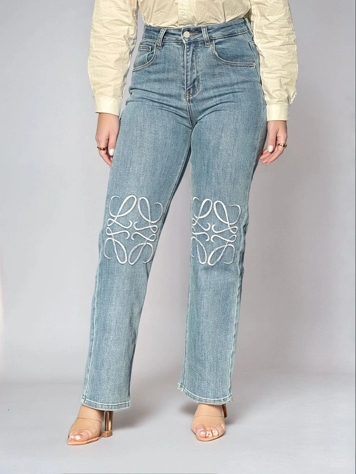 High-Rise Straight Leg Jeans with Embroidered Knee Detail