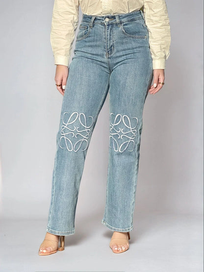 High-Rise Straight Leg Jeans with Embroidered Knee Detail