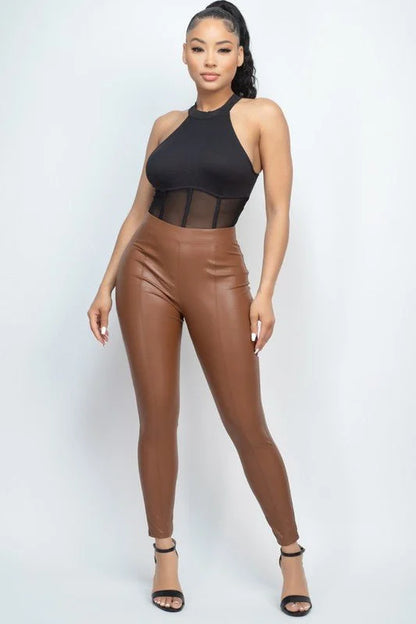 High Waist Skinny Faux Leather Pants (Brown)
