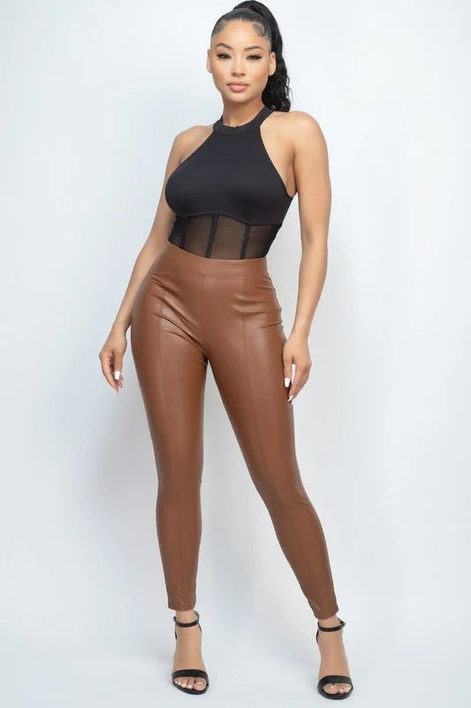 High Waist Skinny Faux Leather Pants (Brown)