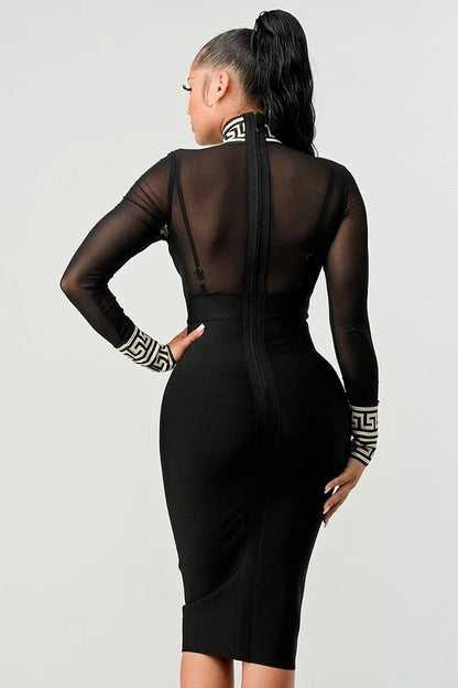 Holiday Mesh Contrast Print Bandage Midi Dress (Black)
