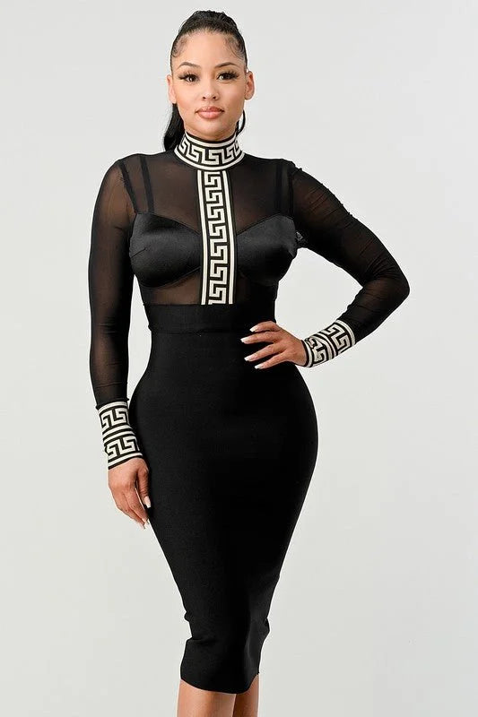 Holiday Mesh Contrast Print Bandage Midi Dress (Black)