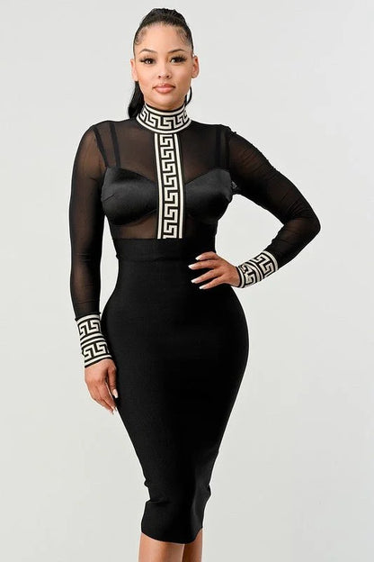 Holiday Mesh Contrast Print Bandage Midi Dress (Black)
