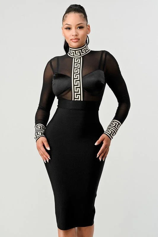 Holiday Mesh Contrast Print Bandage Midi Dress (Black)