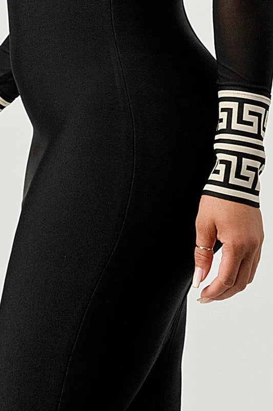 Holiday Mesh Contrast Print Bandage Midi Dress (Black)
