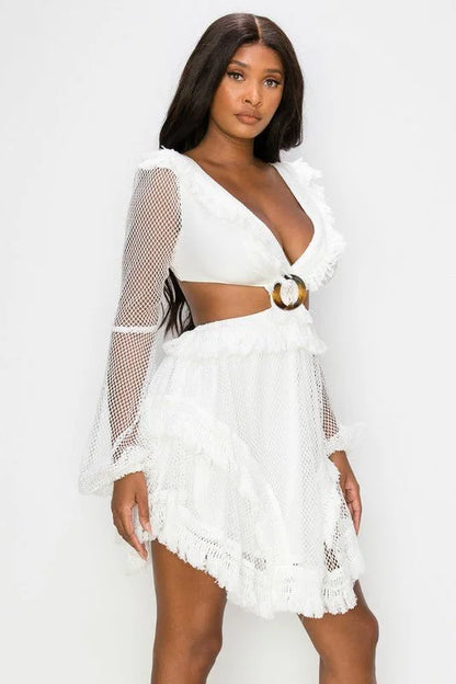 Honey Comb Mesh Mini Dress with Long Sleeves and Side Cutouts
