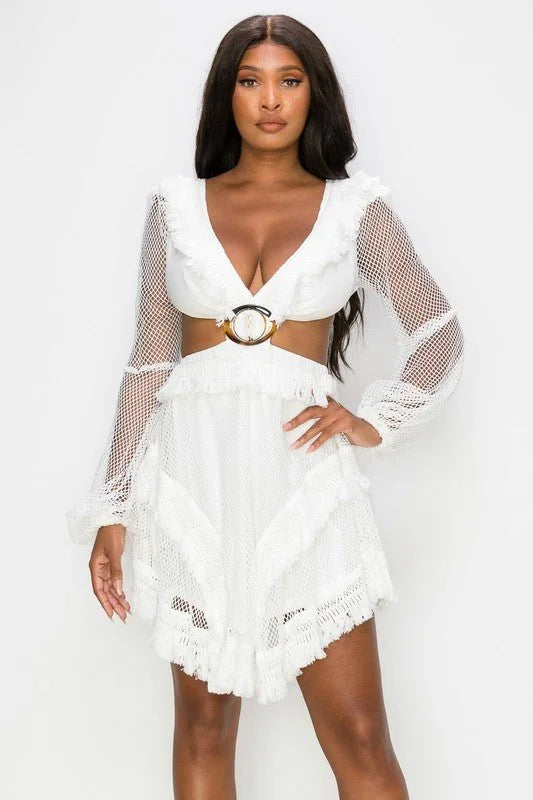 Honey Comb Mesh Mini Dress with Long Sleeves and Side Cutouts