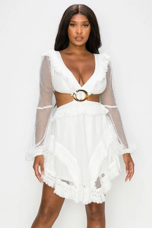 Honey Comb Mesh Mini Dress with Long Sleeves and Side Cutouts