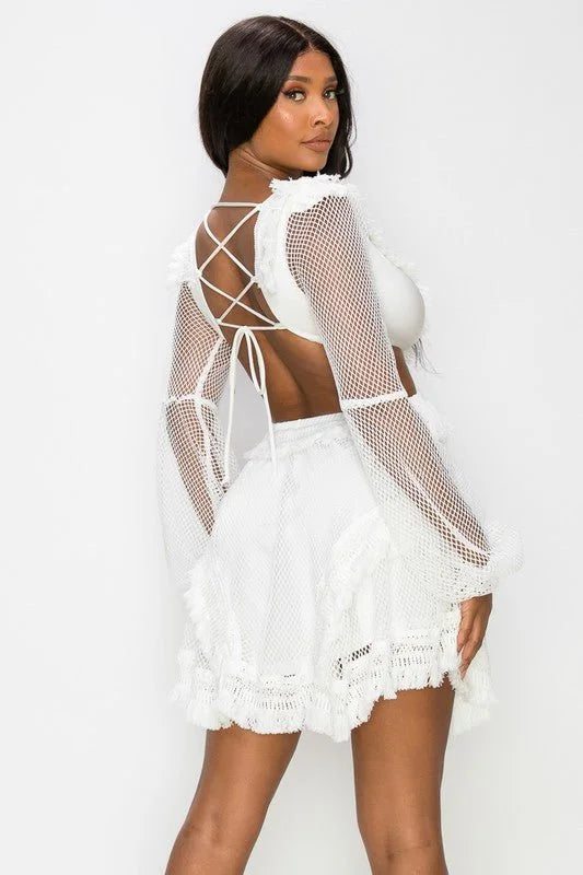 Honey Comb Mesh Mini Dress with Long Sleeves and Side Cutouts
