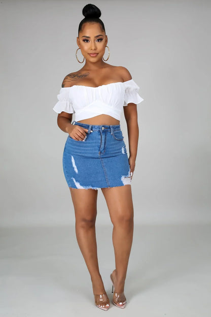 Hot Stuff White Crop Top with Off Shoulder Neckline and Tie Back