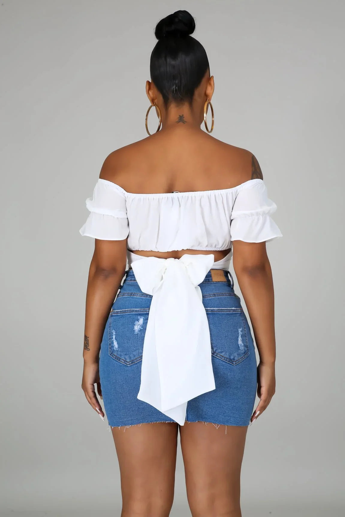 Hot Stuff White Crop Top with Off Shoulder Neckline and Tie Back