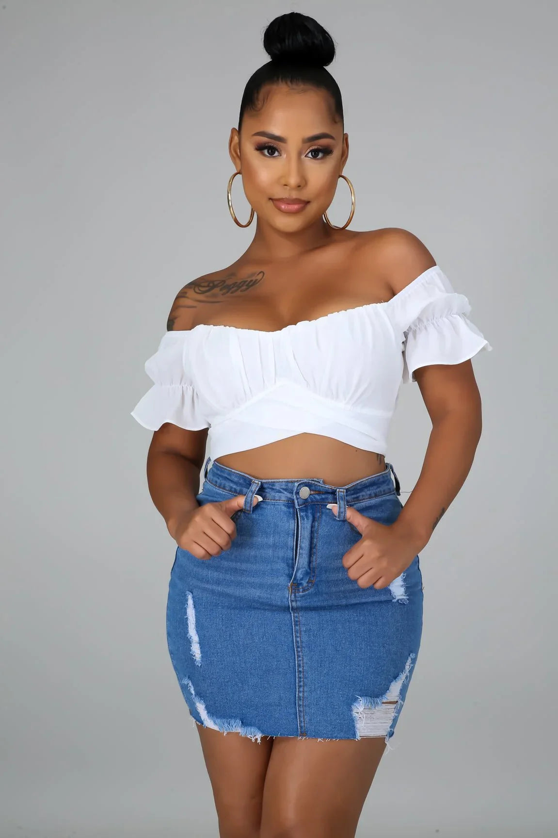 Hot Stuff White Crop Top with Off Shoulder Neckline and Tie Back