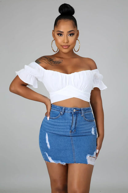 Hot Stuff White Crop Top with Off Shoulder Neckline and Tie Back