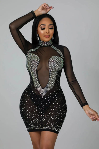 Hottest Nights Sheer Black Dress with Rhinestone Detail