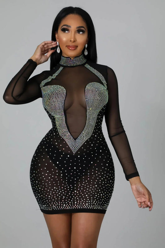 Hottest Nights Sheer Black Dress with Rhinestone Detail