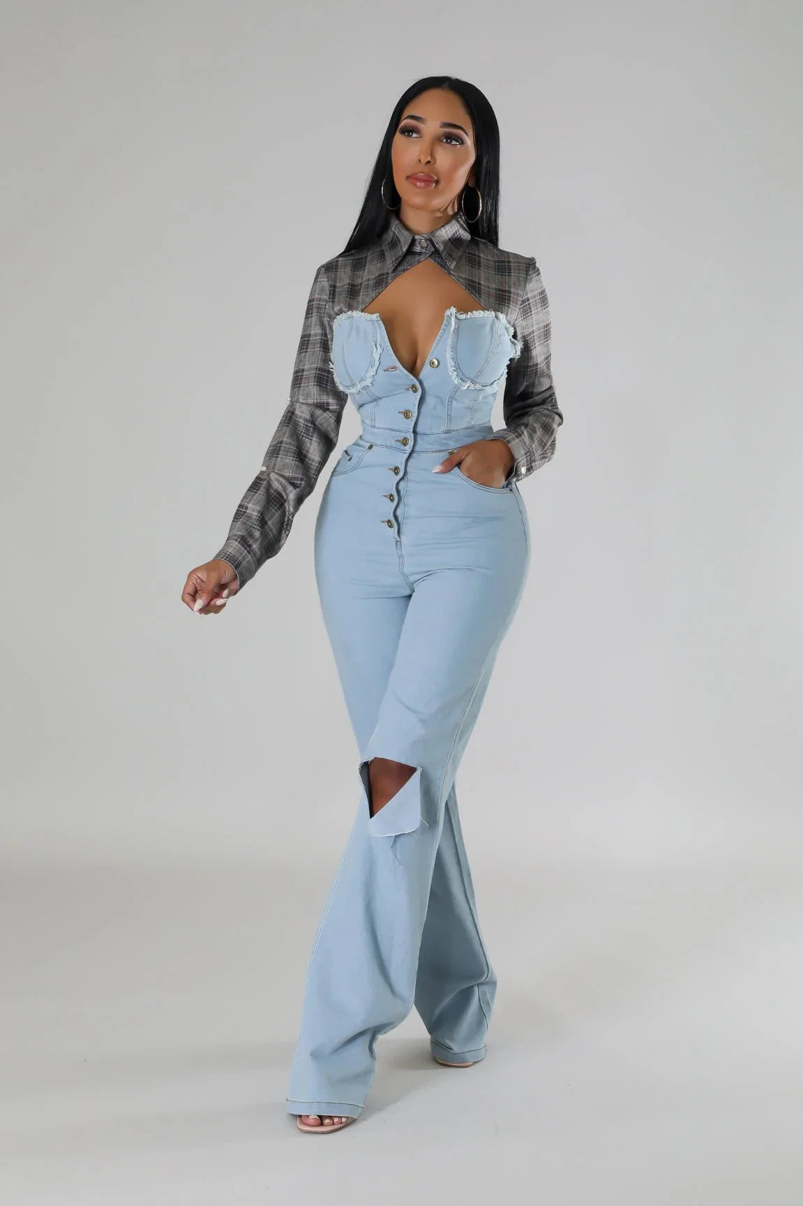 Hues Of Love Denim Jumpsuit with Stretch & Contrast Detail